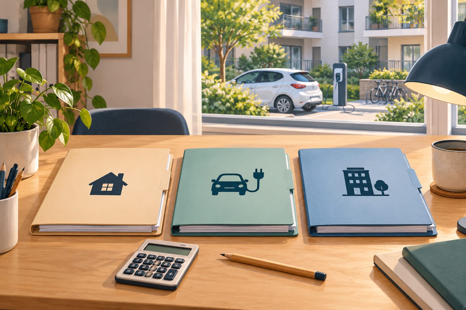 Drei getrennte Dokumentenmappen mit Symbolen für Wohnung, Elektroauto und Wohngebäude auf einem Schreibtisch.